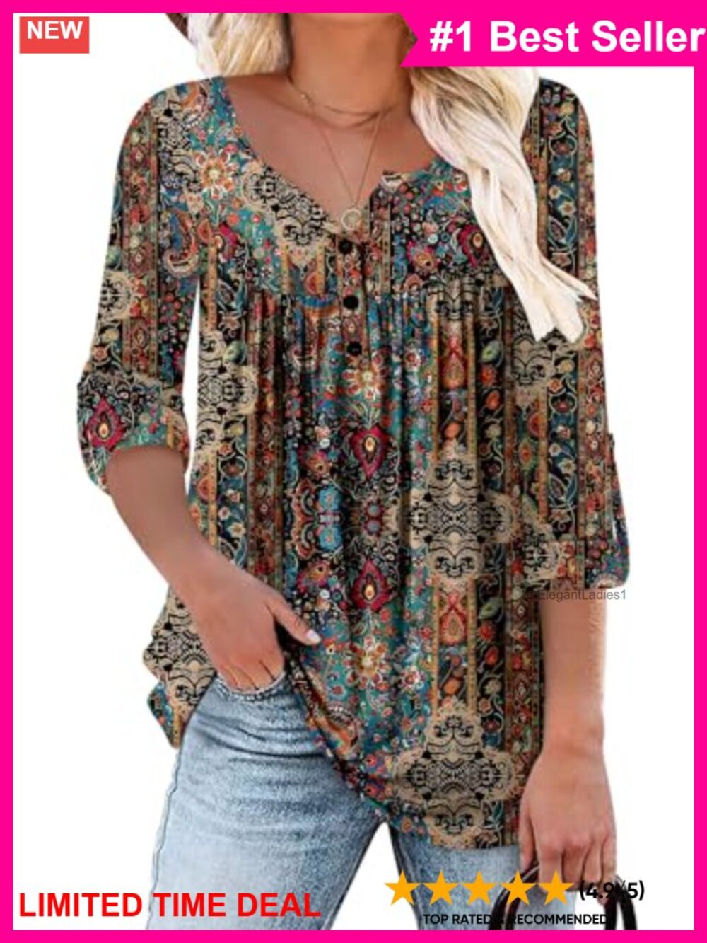 Womens Floral V-Neck Long Sleeve Tunic Top Ruffle Loose Fit Blouse